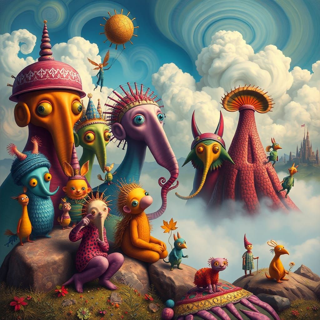 Whimsical Characters in a Surreal Pop-Art Dreamscape