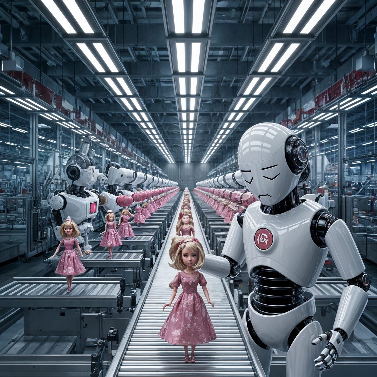 An unhappy robot standing by a conveyor belt in a factory assembling Barbie Dolls. The whole factory ...  by @PWC Digital Art