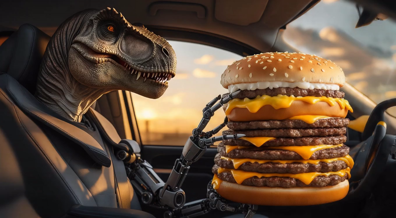 🦖🍔 8-Second Veo 3 Prompt — “T-Rex vs. T-Rex Burger”

> "Photorealistic scene of a massive Tyrannosaurus Rex sitting in...