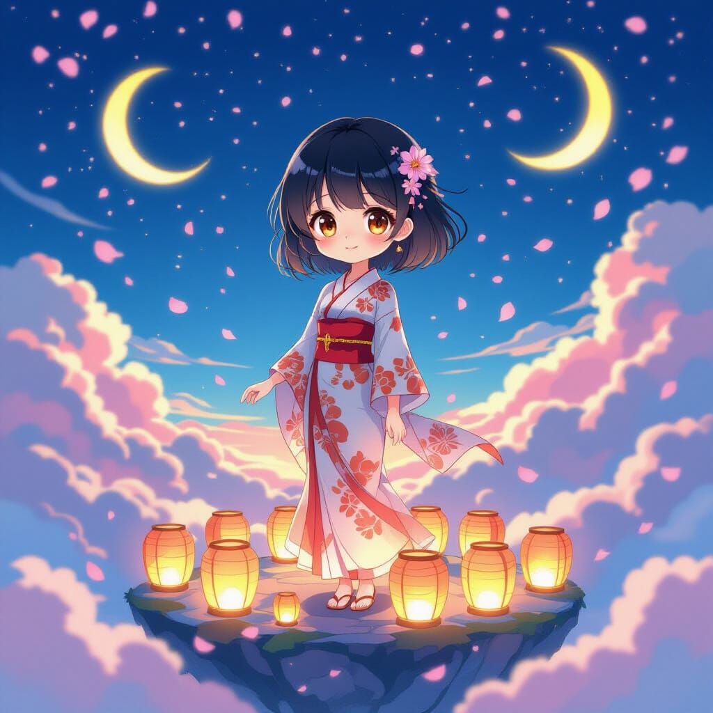 Anime Girl on Floating Lantern Island, Ghibli Style