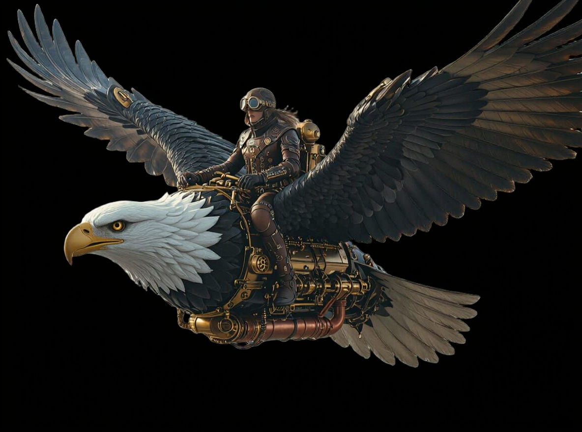 נשר ענק בעל שני ראשים טס בשמים ודמות רוכבת עליו בגאווה