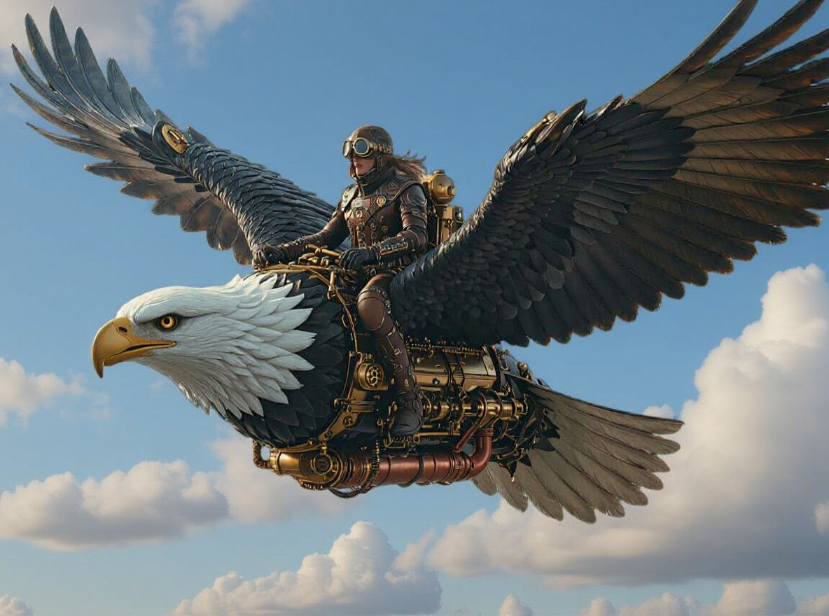 Steampunk Two-Headed Eagle Soaring Through Cloudy Skies