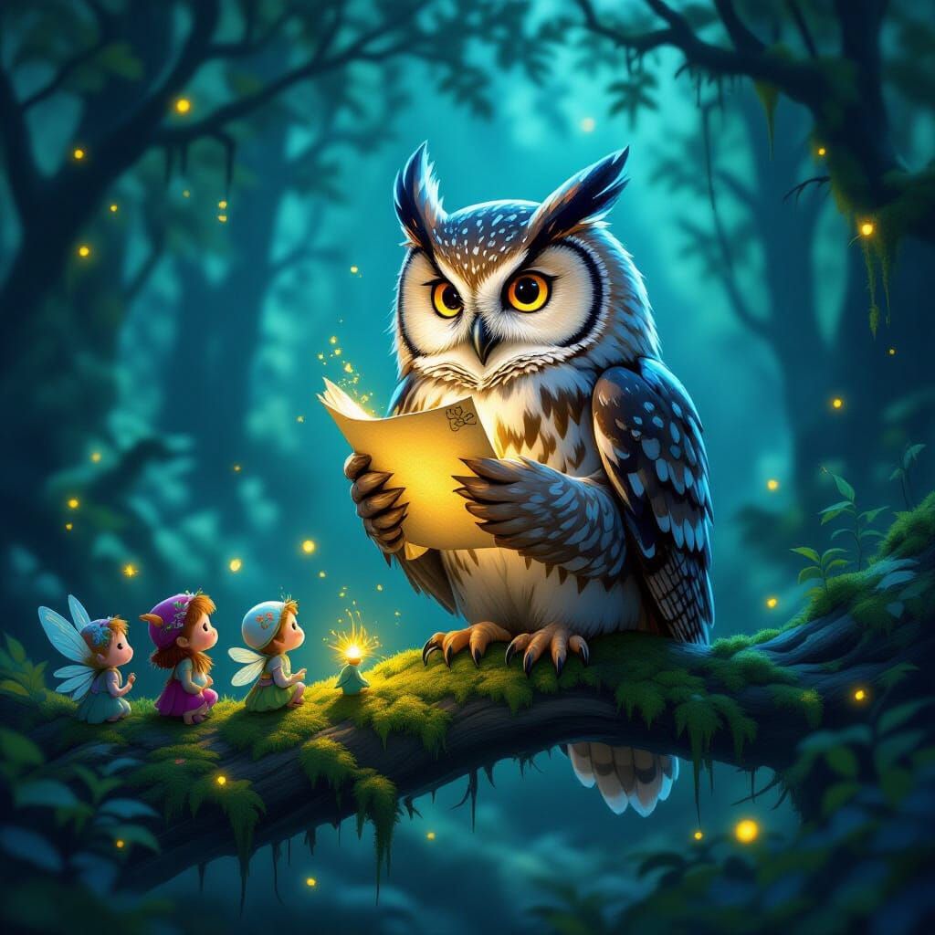 A regal owl, perched on a moss-covered branch, is passionately reciting poetry to a small, attentive ...  by @Bucis