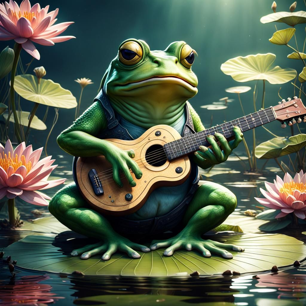 bullfrog sitting on a lilypad playing the guitar  by @Coco Warren
