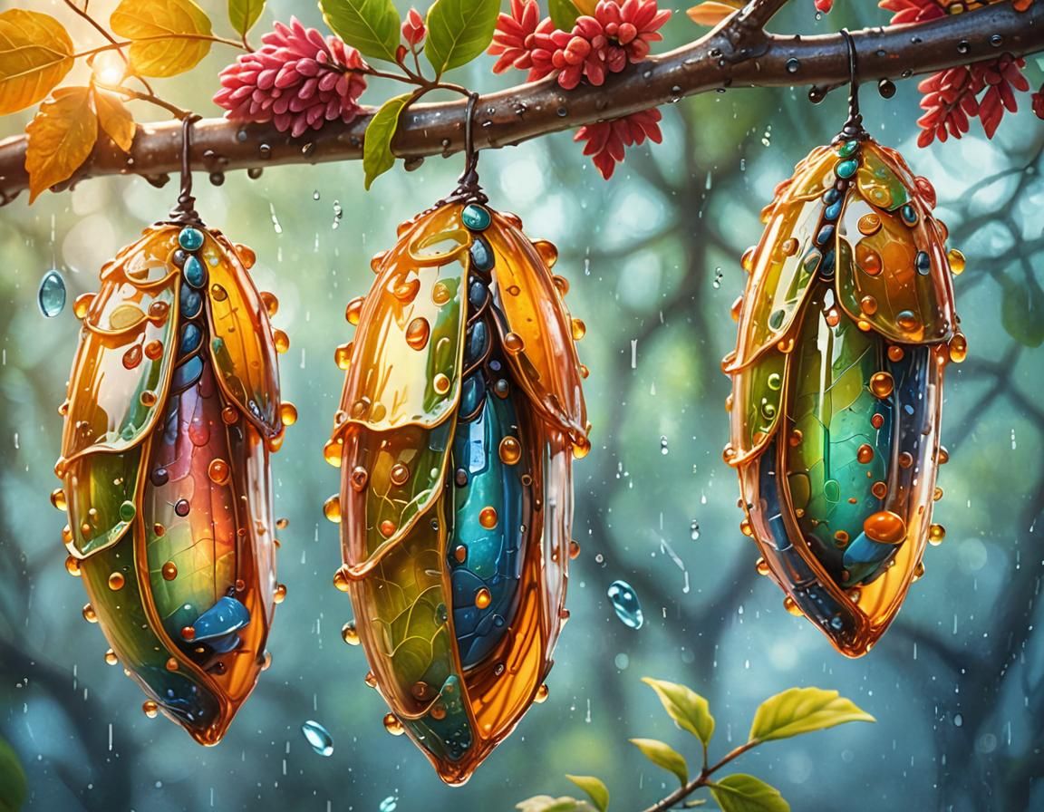 Three shiny colorful chrysalis cocoons hanging from the bottom of a tree branch