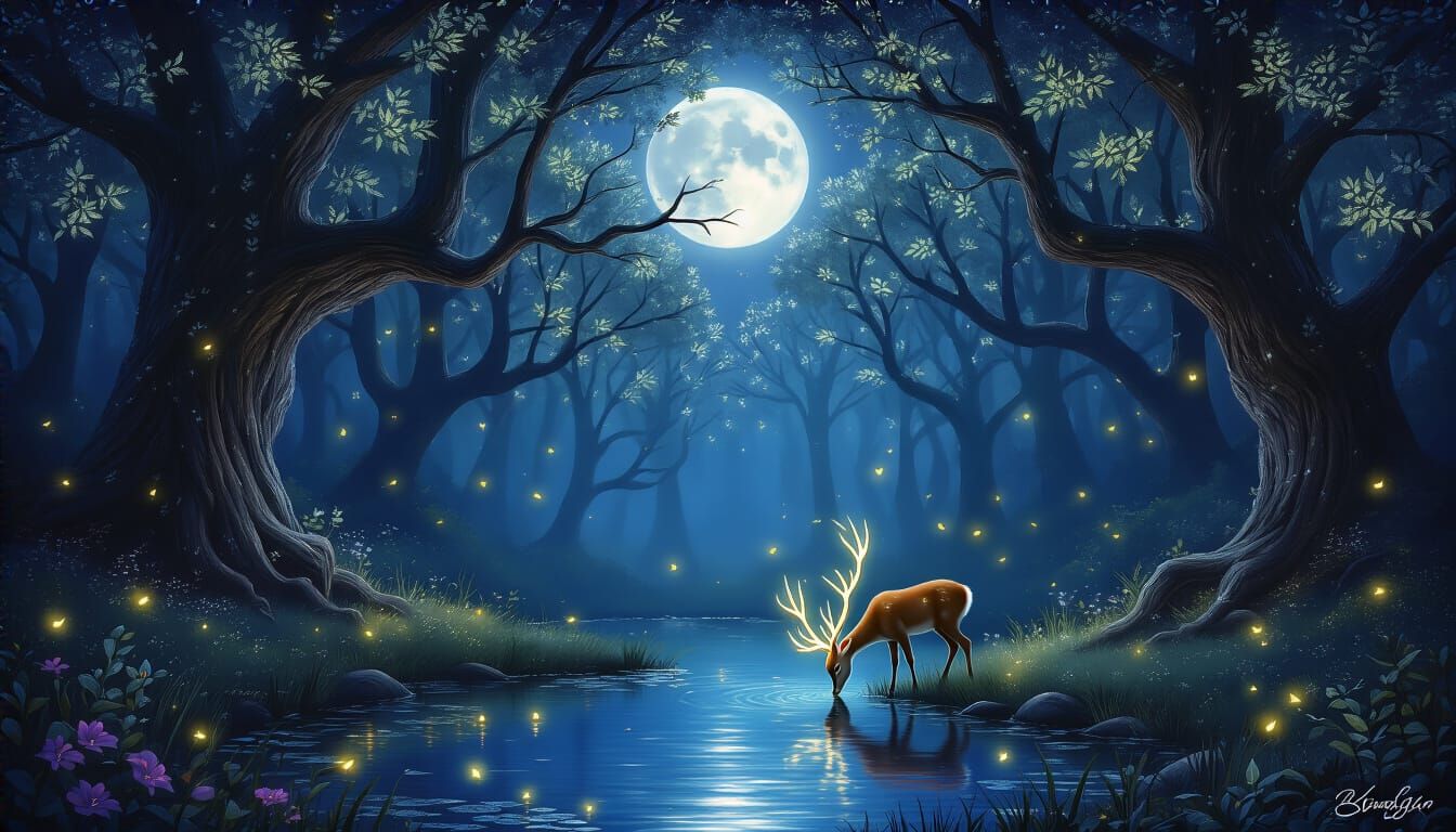 Create an enchanting painting that captures a magical night in a mystical forest. The scene should be illuminated by a full moon casting a s...