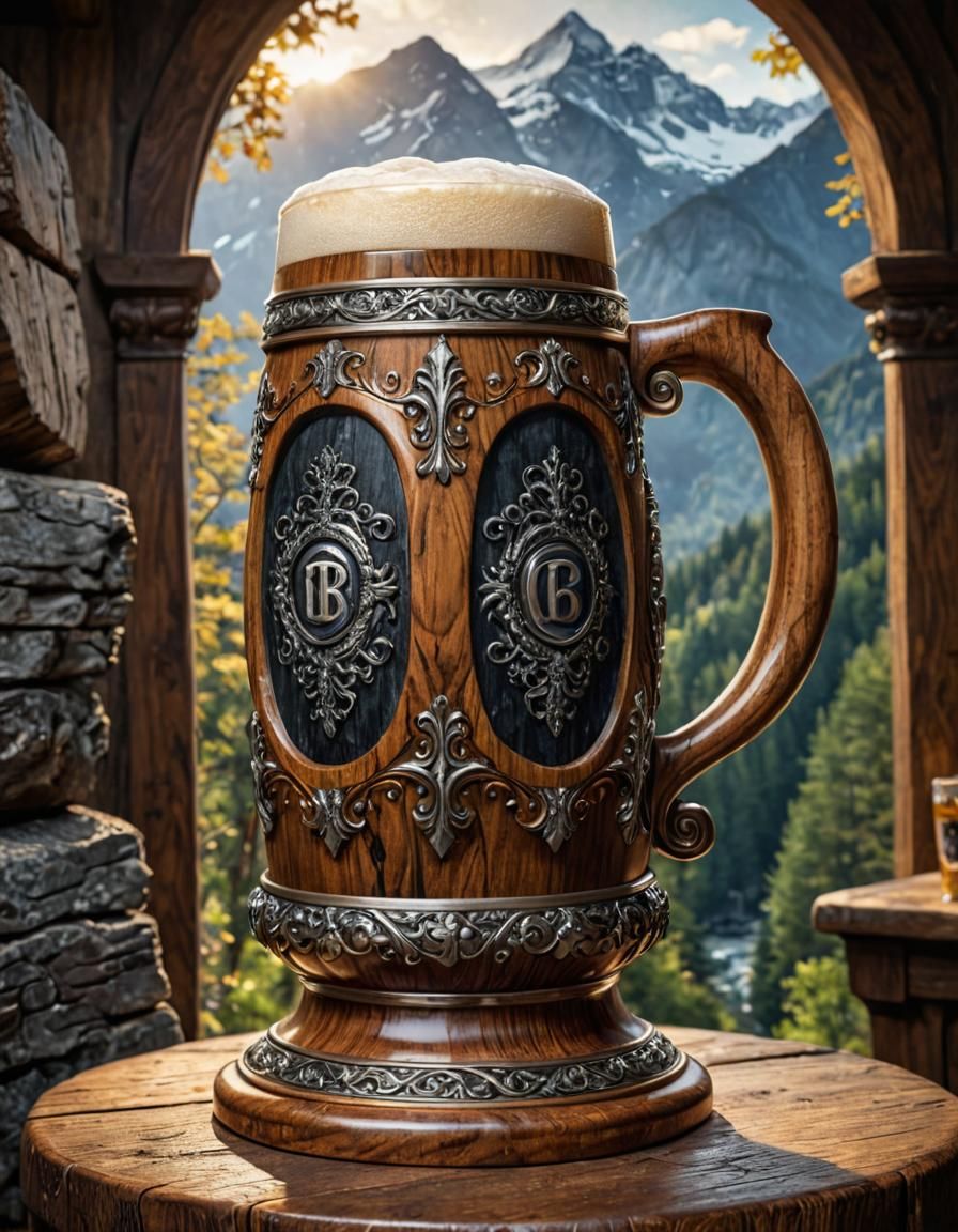 beautiful wide tankard made of wood and black onyx with beer inside it on a Octoberfest pedestal in the ...  by @SilverSeasons