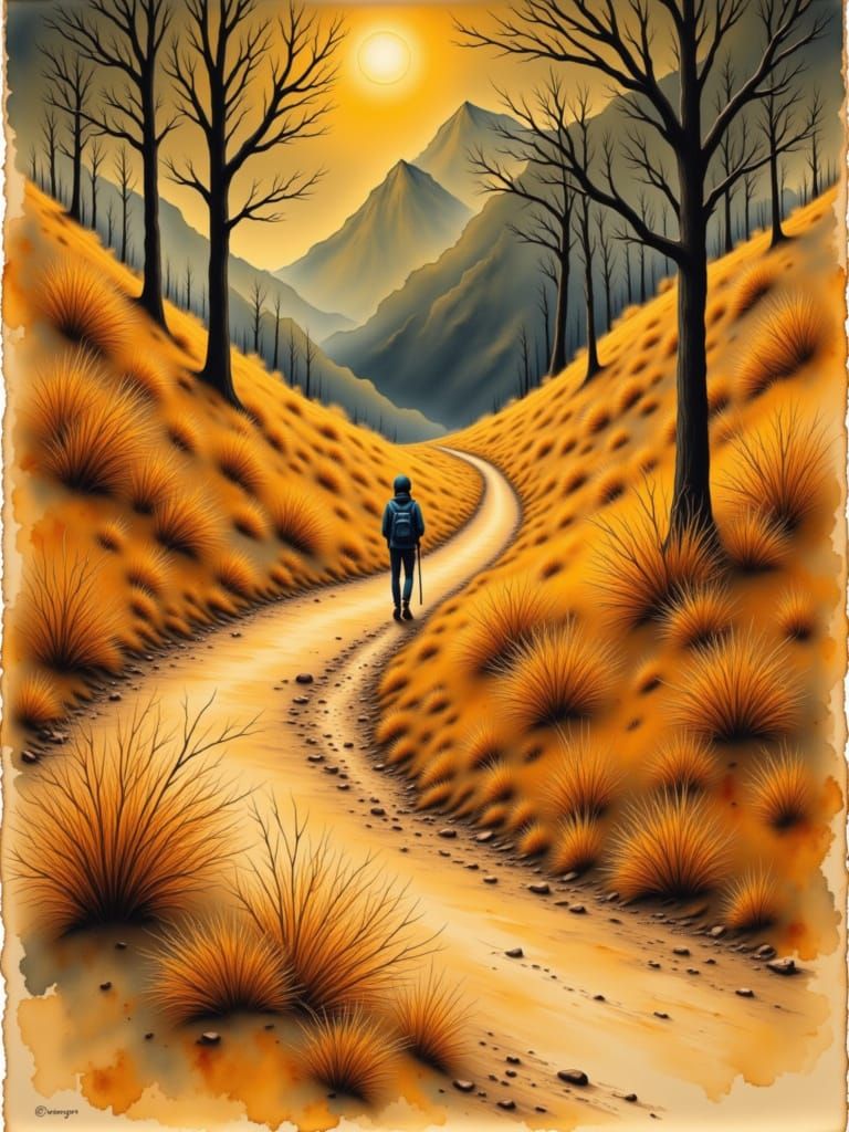 Lone Hiker on Windswept Mountain Path in Watercolor Style