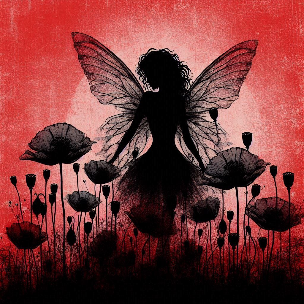 Open prompt : black silhouette of a beautiful fairy among po...