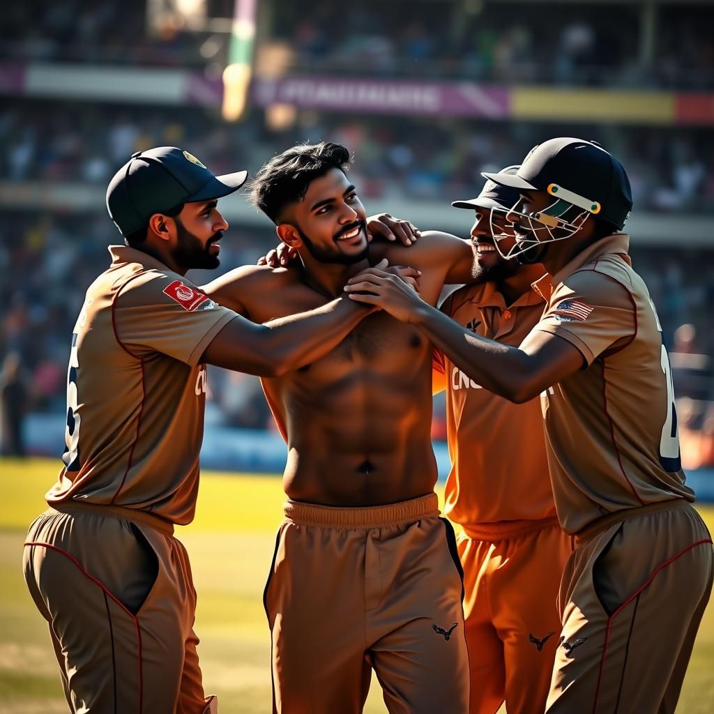 Group of Indian hot adult brown skin handsome cricket player man with