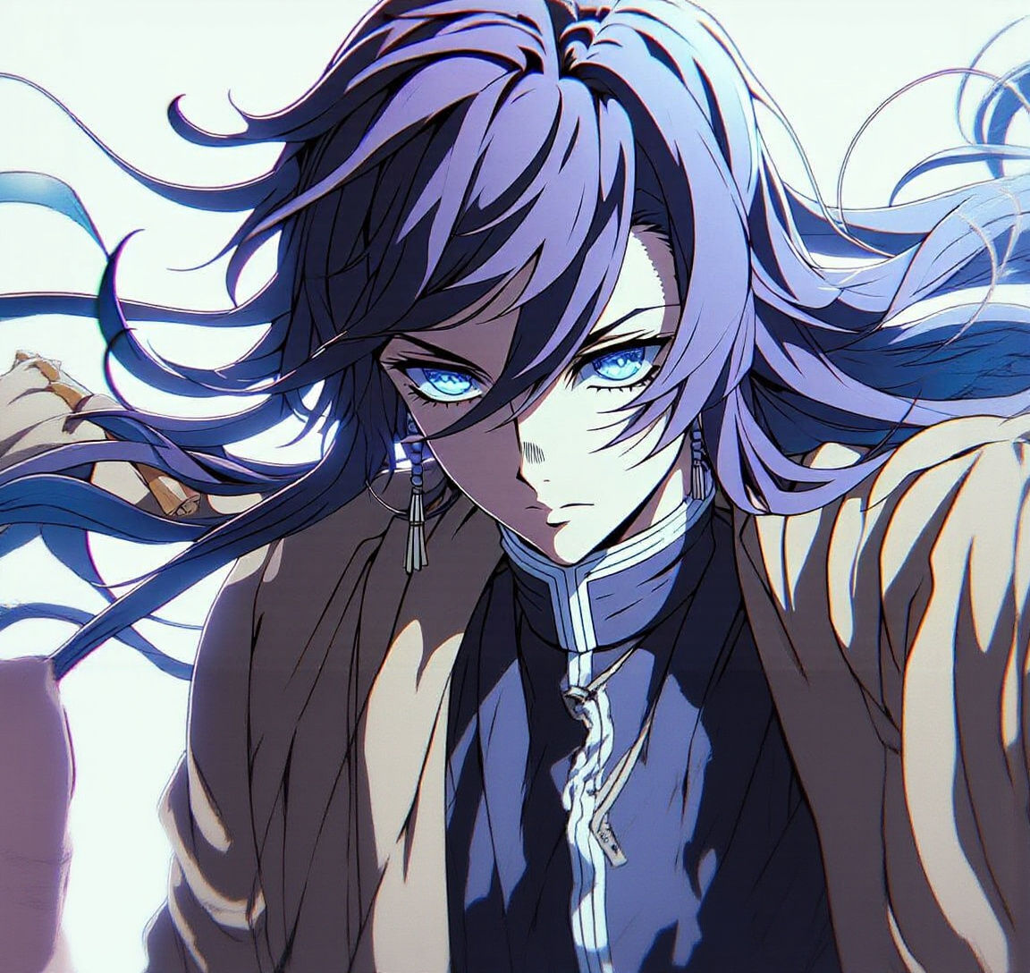 Fu Hua in the style of Honkai Impact 3rd bluish-purplish hair, pale skin, and blue eyes