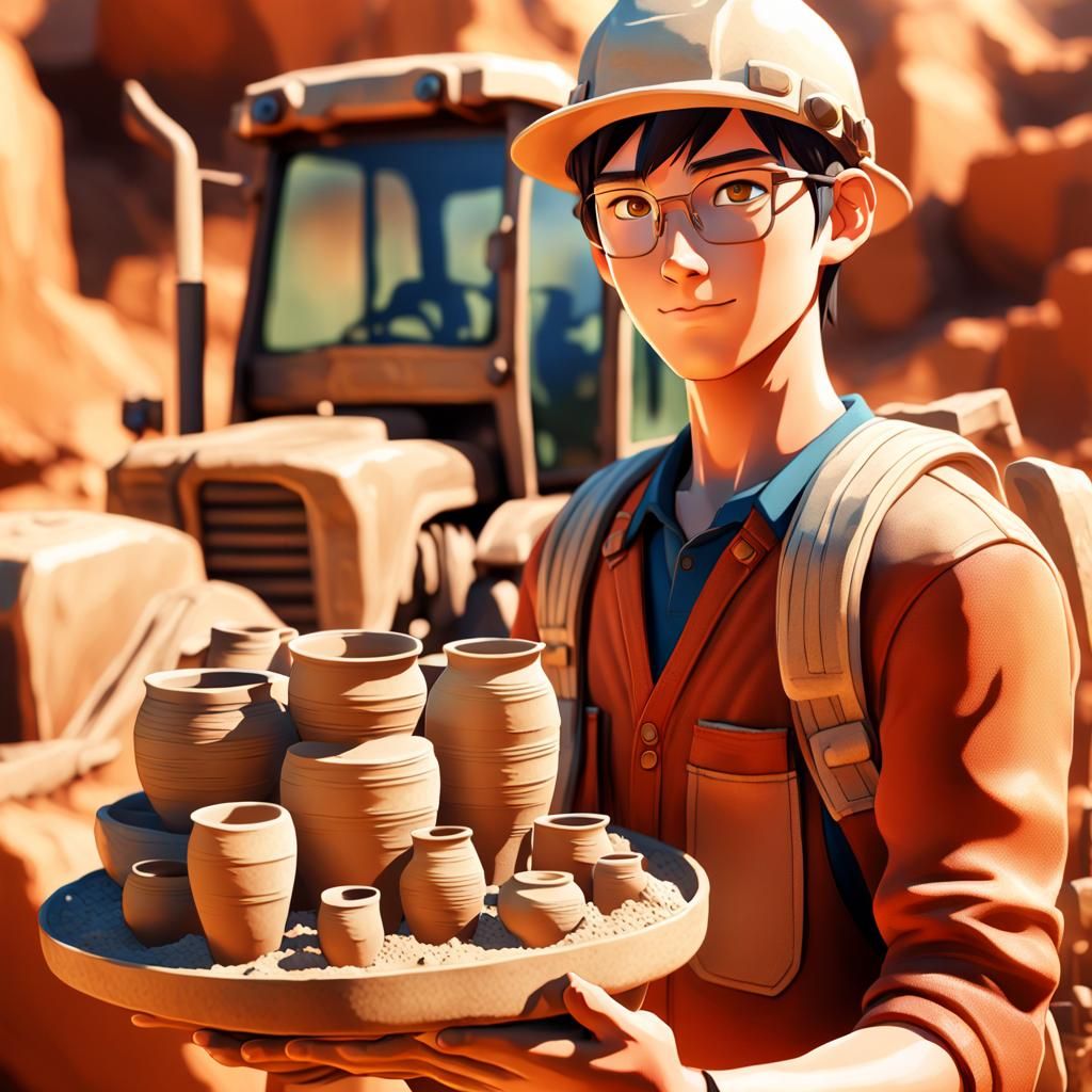 Archaeologist Holding Ceramics in Vibrant 3D Anime Art