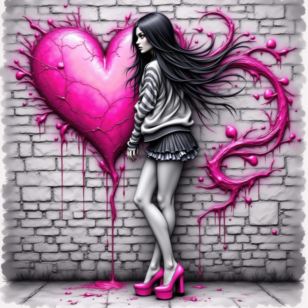 <lora:Ink Flow:1.0> A stylized, impressionistic monochrome ink wash artwork featuring a young woman.  She stands against a weathered gray br...