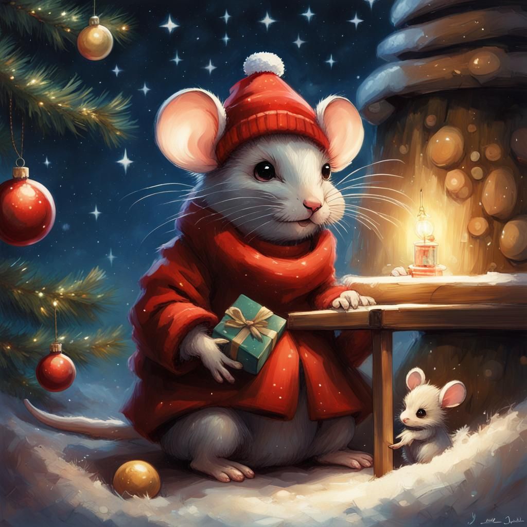 A Image of a tiny adorable fluffy anthropomorphic chibi mouse in a turtleneck and hat sitting near a ...  by @Challenge