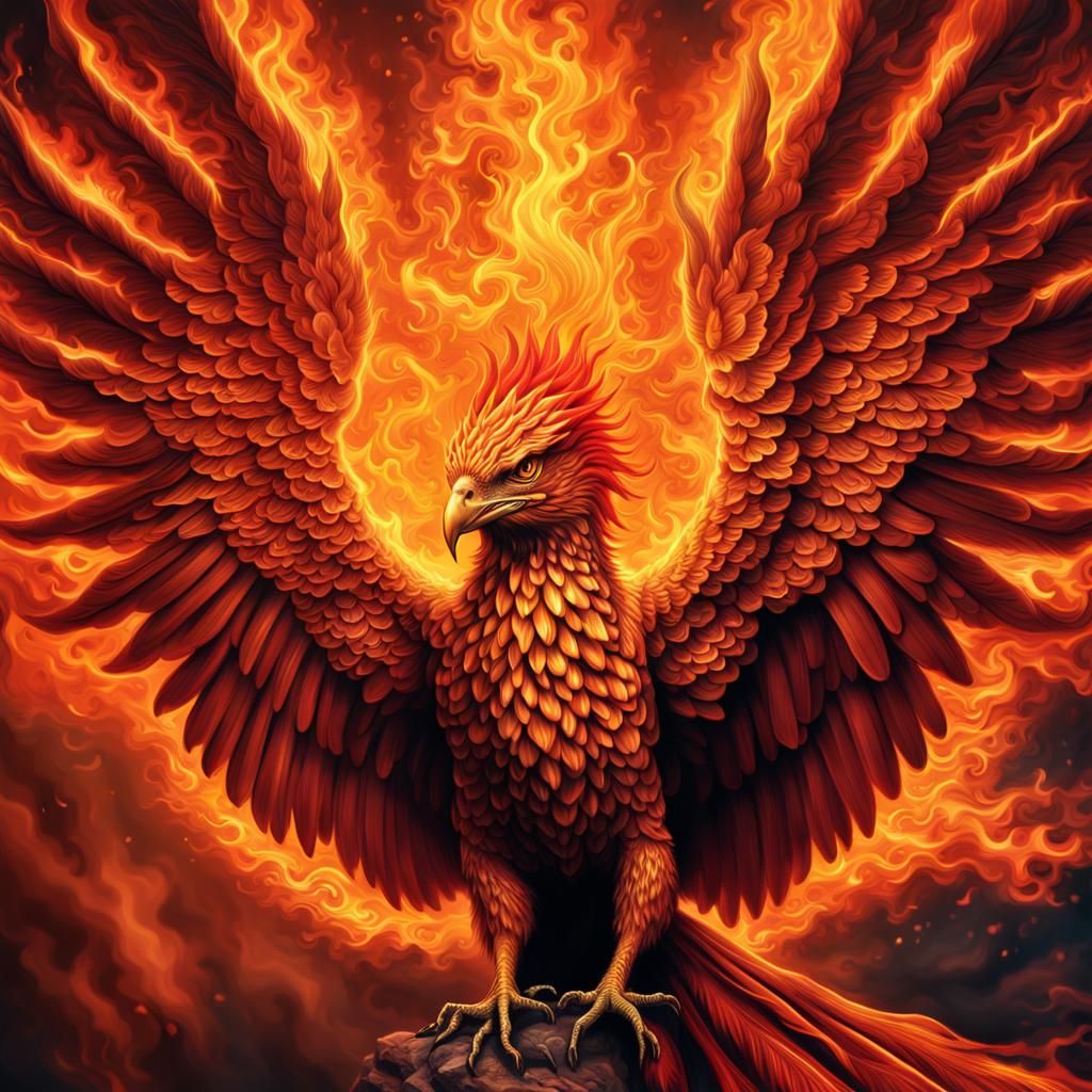 A portrait of a flaming Phoenix with fiery background intricate details, HDR, beautifully shot, hyperrealistic, ...  by @Oom Lilo
