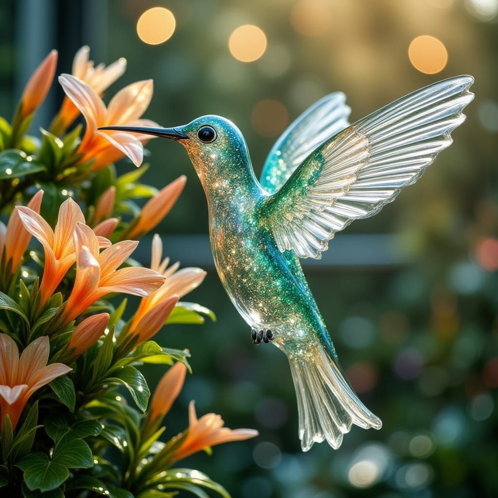 Glass Hummingbird Sculpture with Iridescent Colors