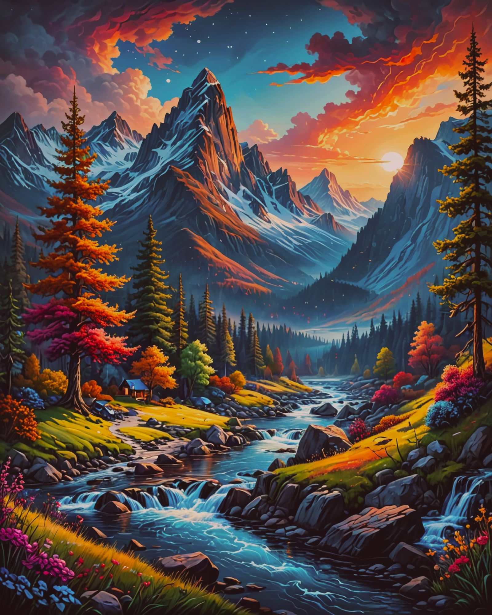 A magical sunset among mountains and rivers