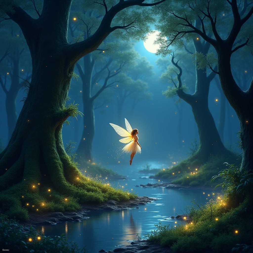 How about creating a magical scene of a forest at nighttime, illuminated by hundreds of glowing fireflies? Picture a serene, moonlit clearin...