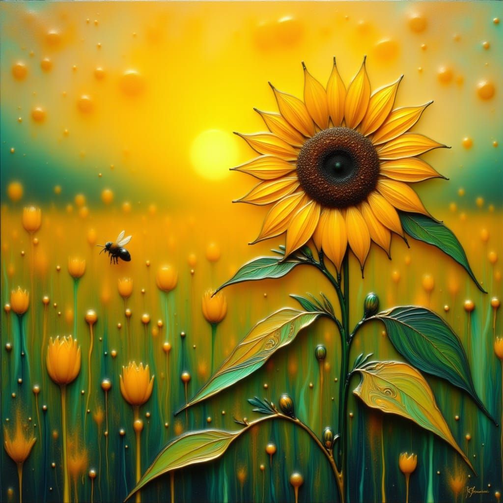 <lora:Teal and gold:1.0> encaustic sunflower and bumblebee in a beautiful field bokeh golden amber sunset 