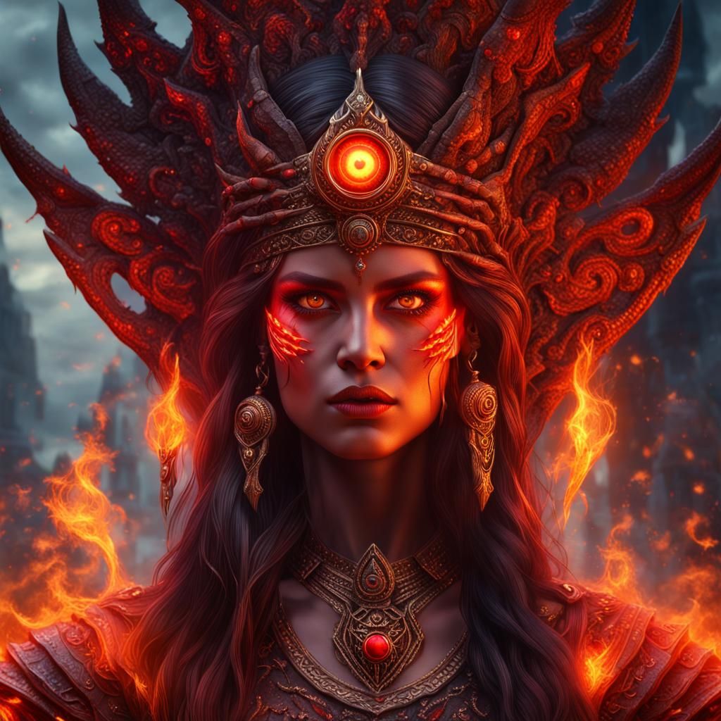 Photorealistic portrait of a majestic fire sorceress goddess with ...