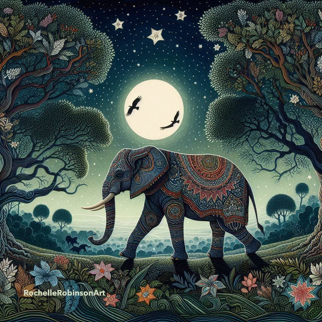 Elephant Walking In The Moonlight