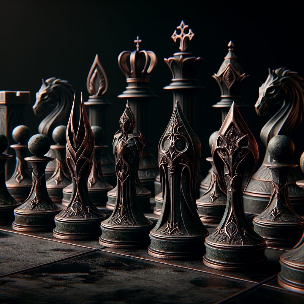 Envision a chess set inspired by dark fantasy themes. The design is minimalist, with the pieces uniformly embodying a gothic style, subtly s...