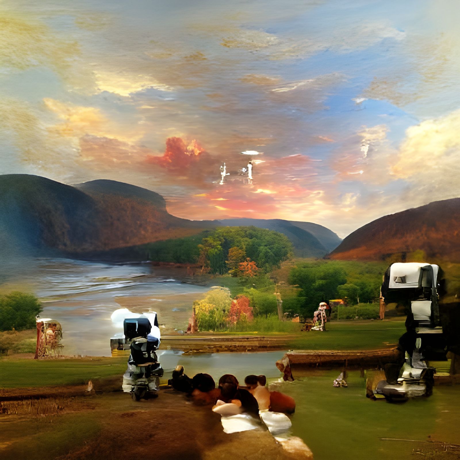 A landscape with robots. Hudson River School detailed painting