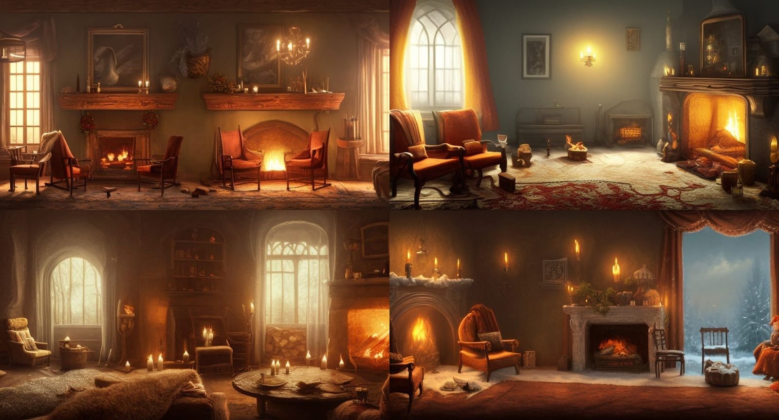 A Detailed hyper-realistic cozy Magical fireplace with 2 cha...