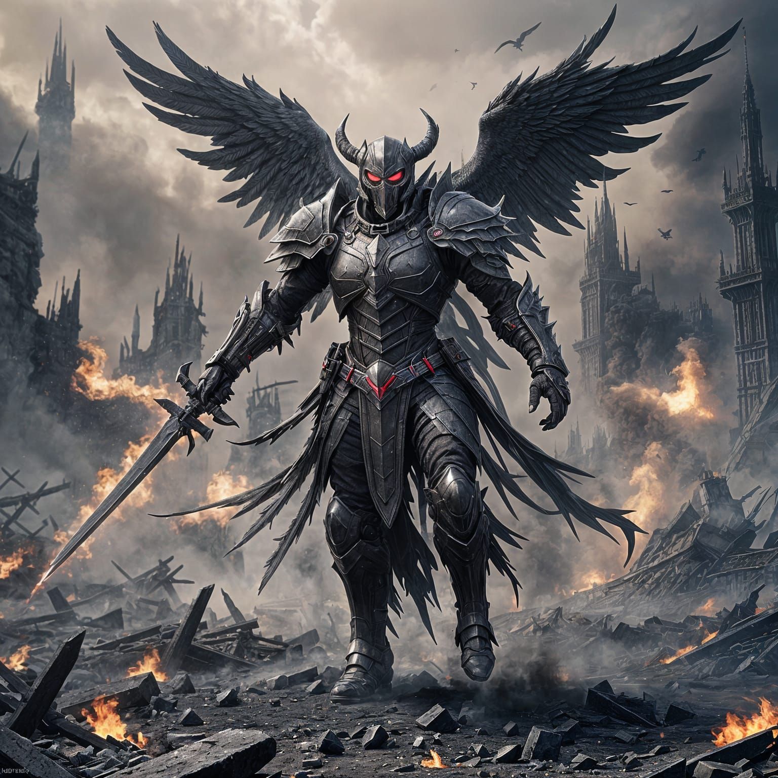 Infernal being humanoid, black wings of ash and smoke, sword...