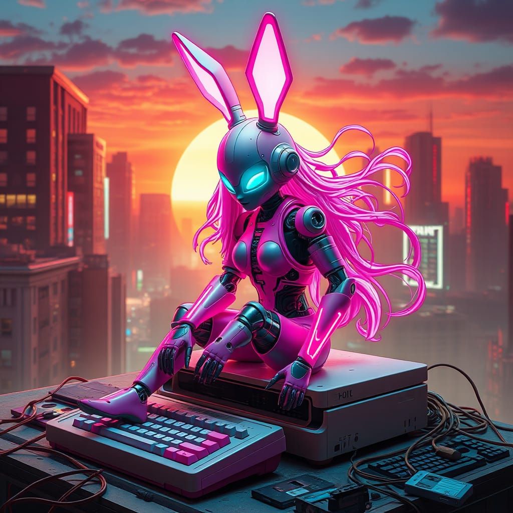 neon pink Cyberbunny bot woman on landscape AI