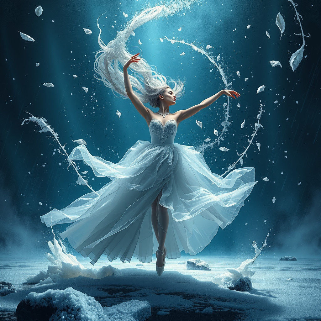 A dancer commanding a blizzard, her silver gown blending with the storm’s wild energy  by @Wizard