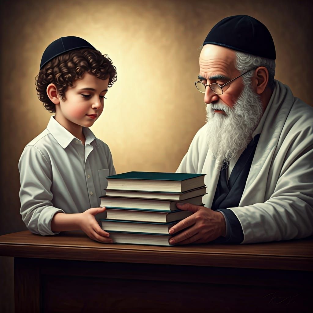 Boy Presents Books in Warm Oil Painting Style