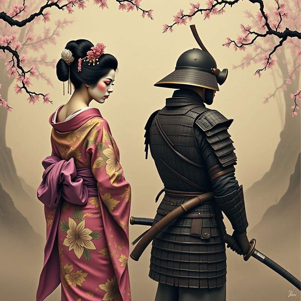  <lora:Purple Flux:1.0> geisha with samurai