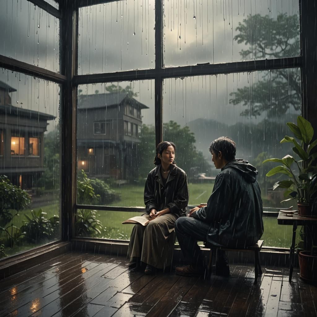: A dimly lit room with raindrops sliding down a windowpane....