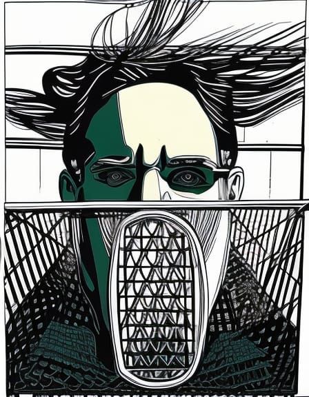 Pop art style drawing of a head inside a lobster trap. - AI