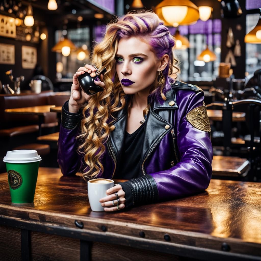 Valkyrie with Viking features, wavy golden hair that has pur...