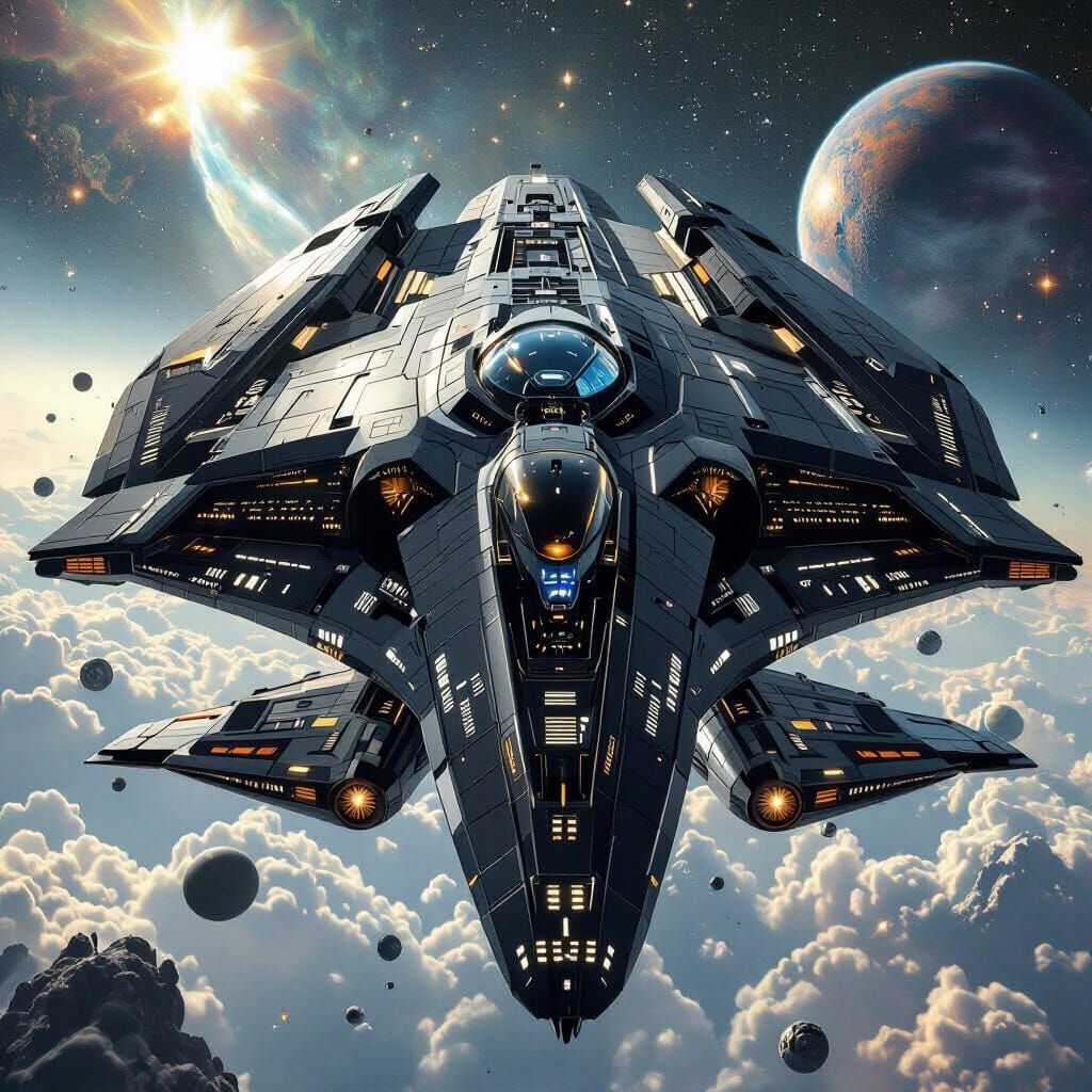 Klingon Bird of Prey starship, majestic and menacing, in the depths of Klingon space, with a stunning, elaborate background of nebulae, star...