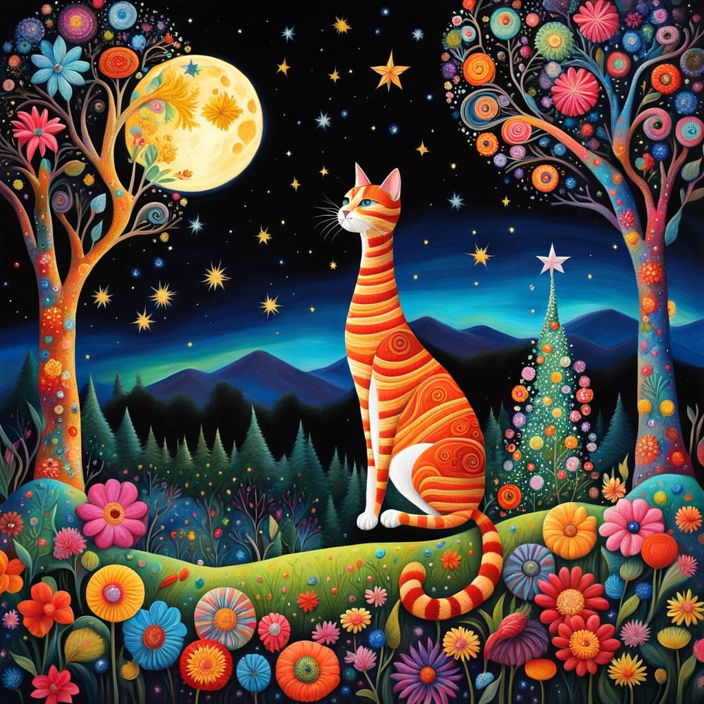 Naive art, whimsical orange  female cat w/long neck swaying to the mystical music of the enchanted forest, colorful patterned dress, whimsic...