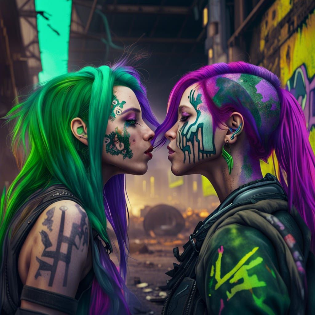 Two women kissing in a post apocalyptic wasteland in the fut...