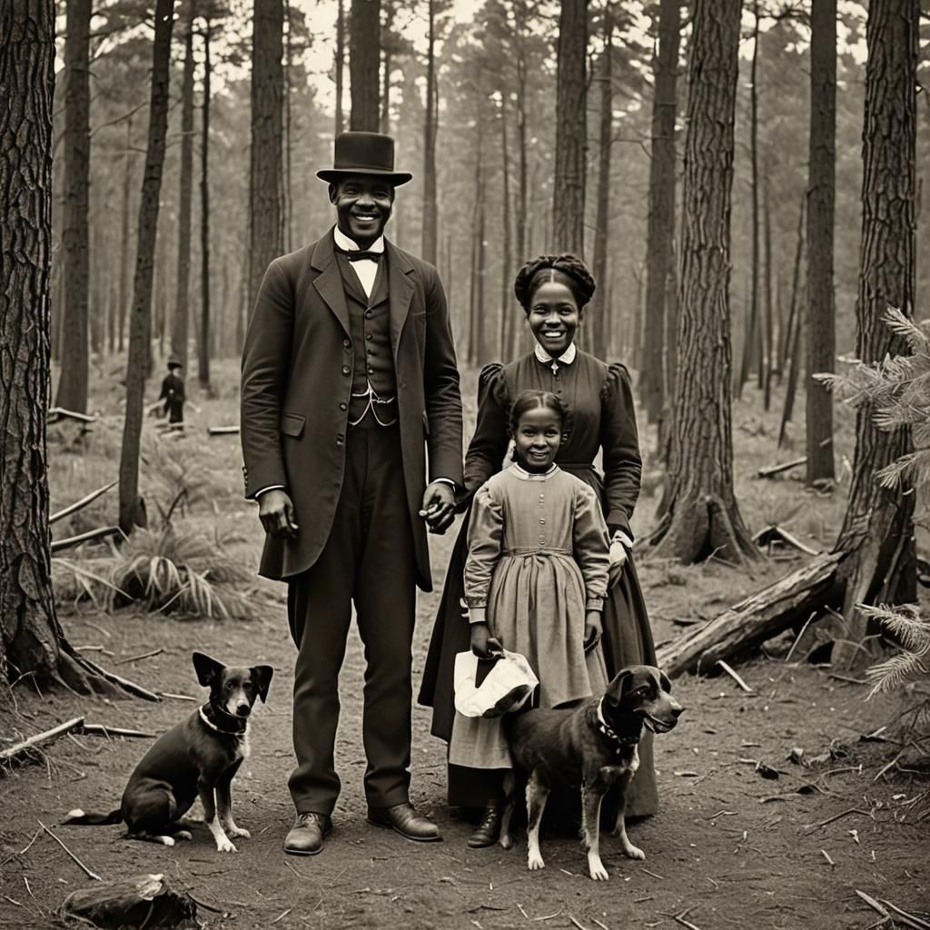 african american man, with his daughter and wife, smiling in the 1800's standing in a pineforest, old photograph black a...