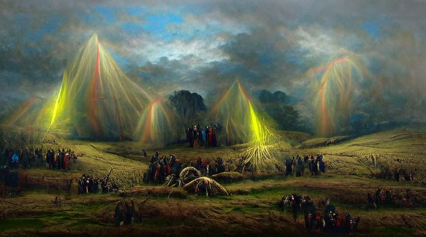 Rainbow occlusion light rays in a field Gustave Dore 8k reso...