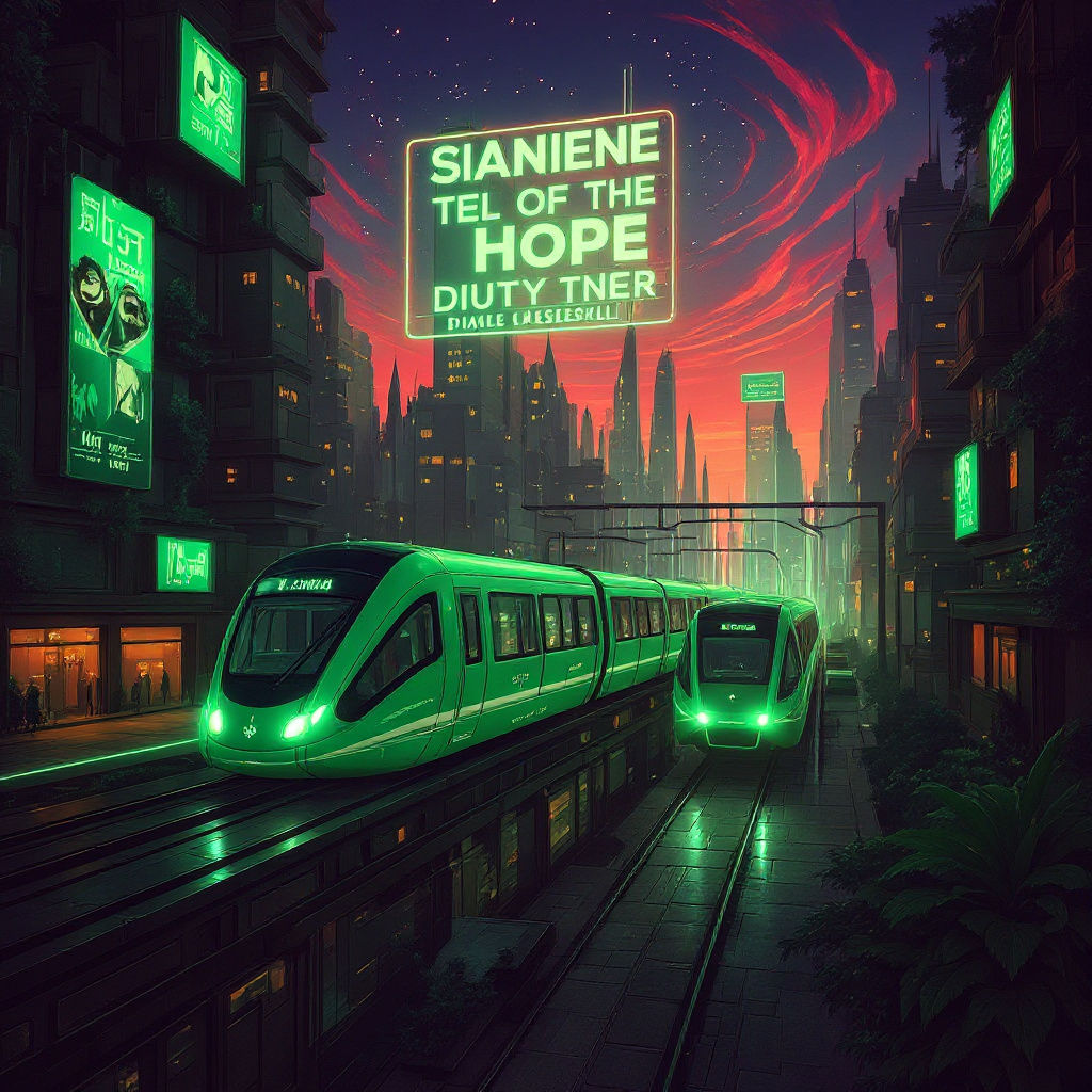 Imagine a futuristic cityscape where sleek, transparent trains glide silently through the neon-lit streets, their carriages displaying holog...