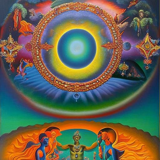 A psychedelic regionalist oil painting of metaphysical epiph...
