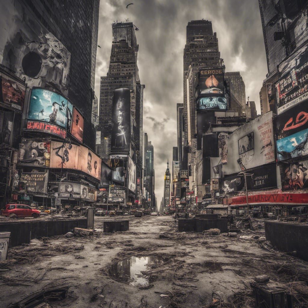 times square abandoned post apocalyptic overgrown rats puddl...