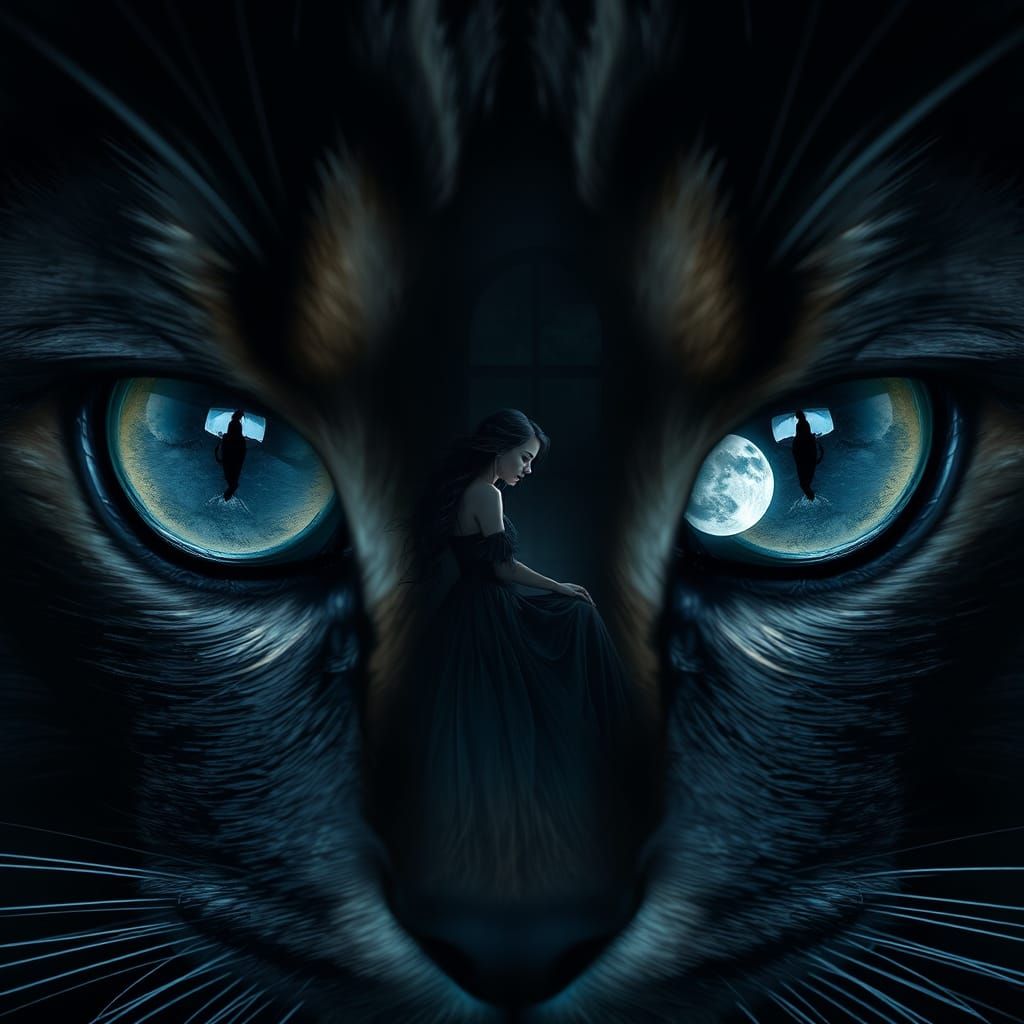 Luminous Cat Eyes Reflecting Moonlit Woman