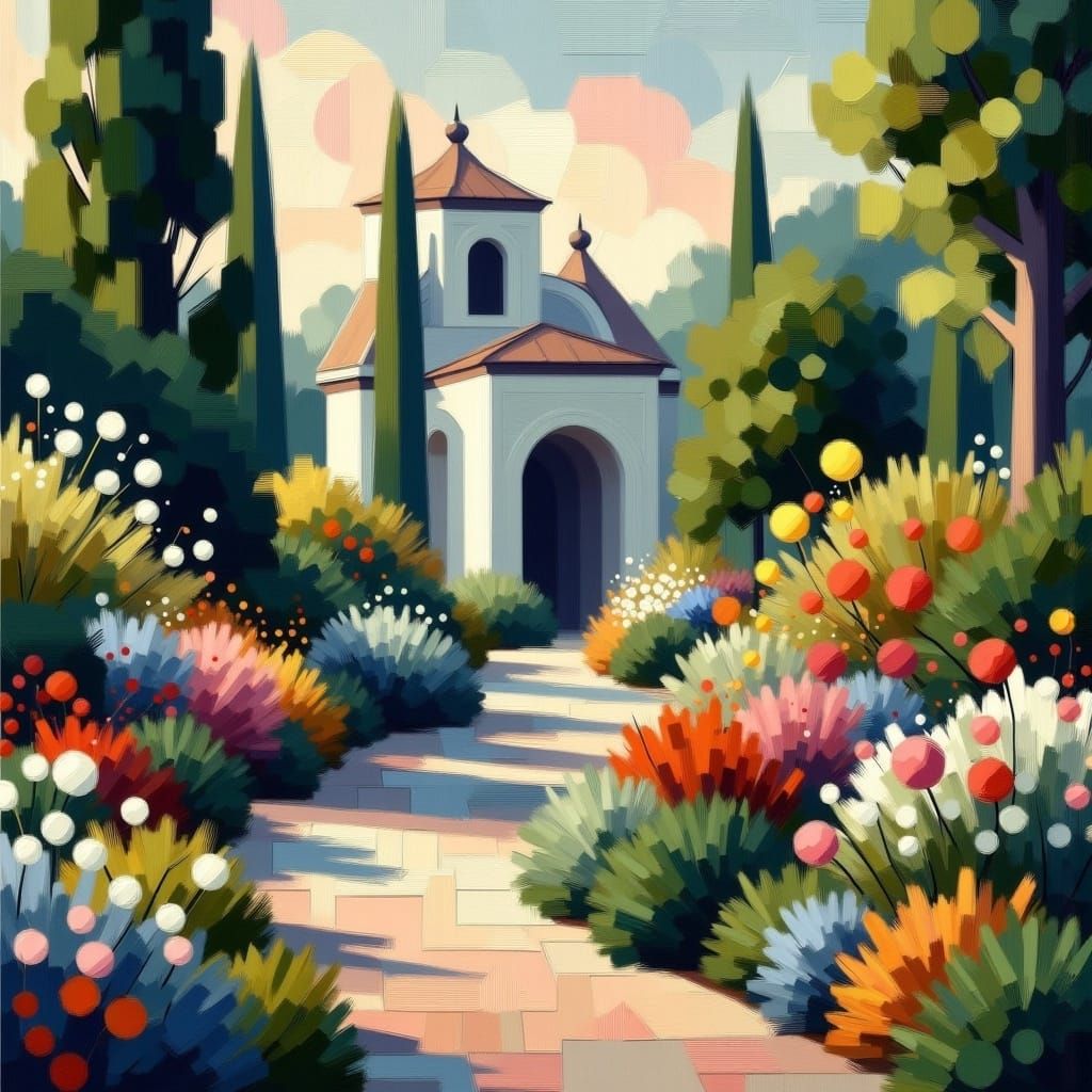  <lora:MidnightOil:1.0> a classic modernist painting of a botanical garden