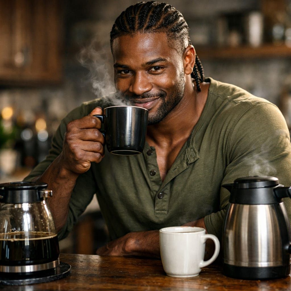 Enjoying a Warm Beverage: 
Hyperdetailed Illustration a muscular Black man behind kitchen countertop ...  by @Lennis