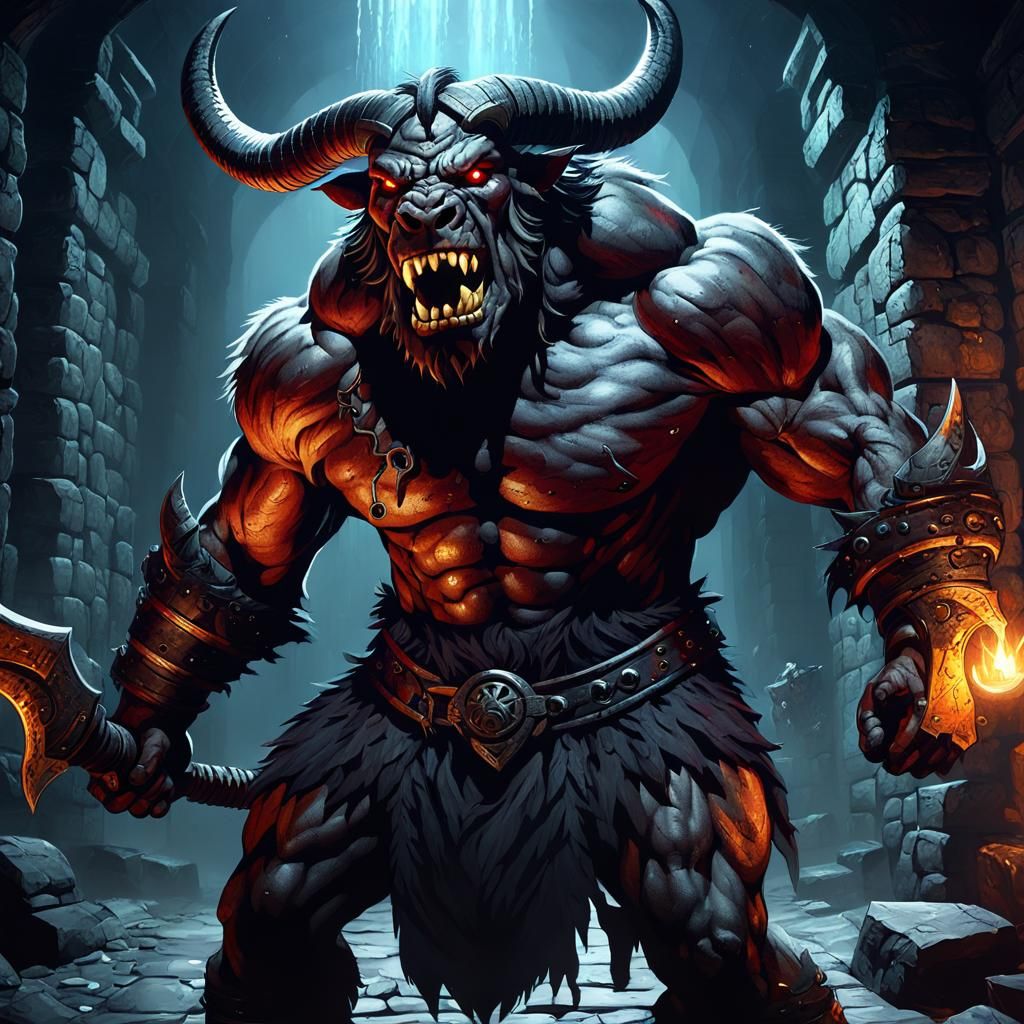 view of a powerful minotaur inside a dungeon with fierce eyes and ...