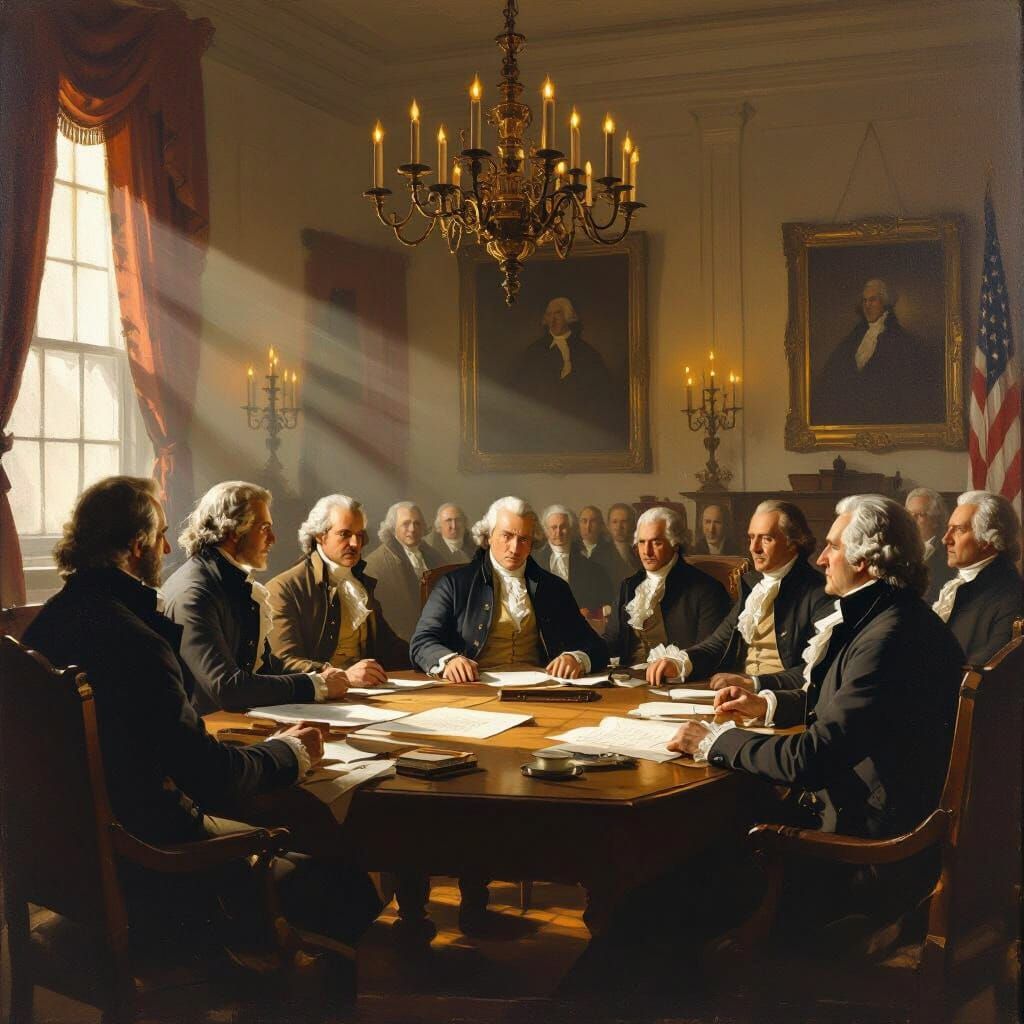 Continental Congress with the founding fathers of the U.S. in Philadelphia, Pa before Independence Day in 1776.