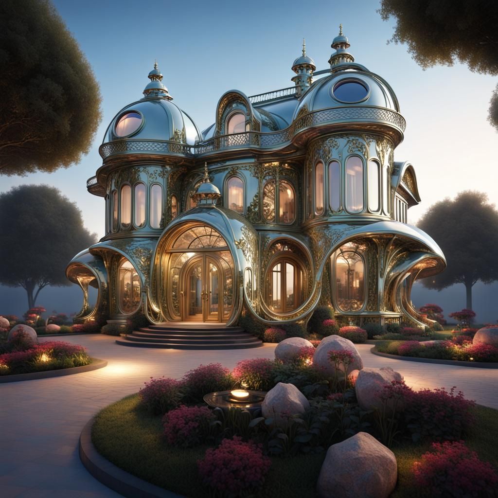 futuristic house made of polished brass and cast-iron filigree  by @Ailee